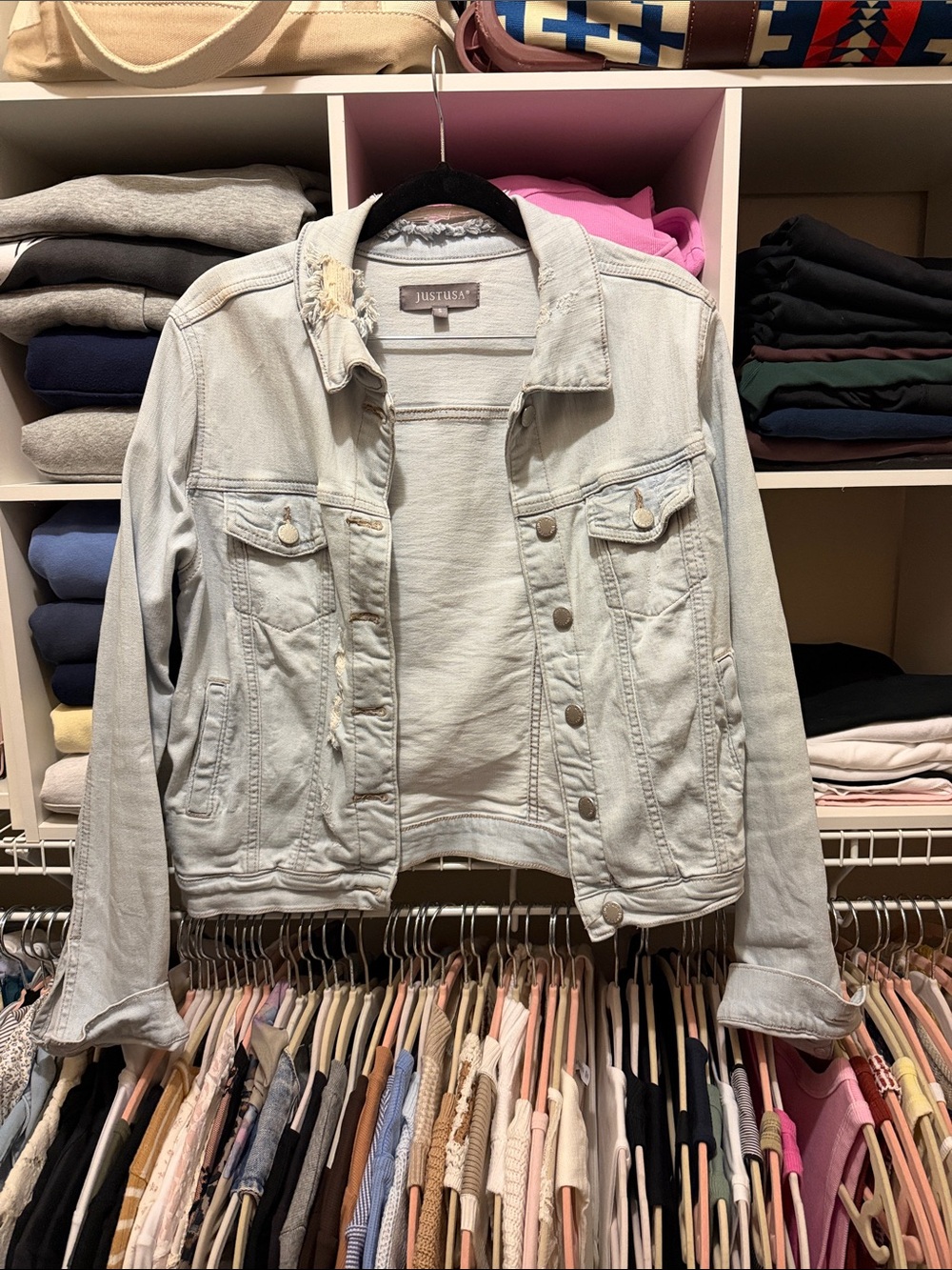 Just USA Light Wash Distressed Denim Jacket - Pale Blue